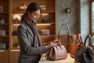 Femme élégante dans une boutique de luxe avec sacs à main