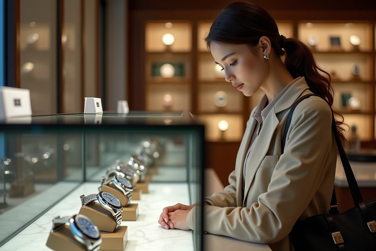 Jeune femme regarde des montres dans une boutique de luxe