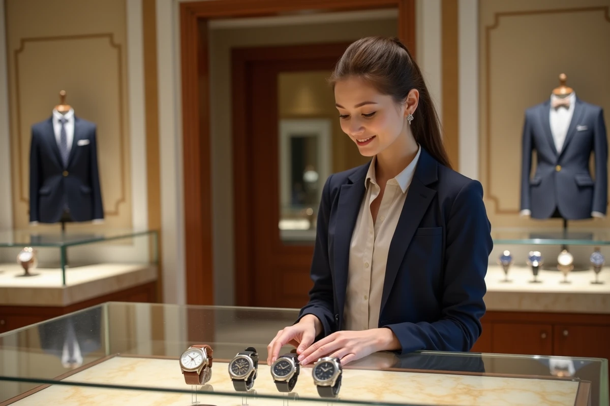 Jeune femme comparant deux montres dans une boutique élégante