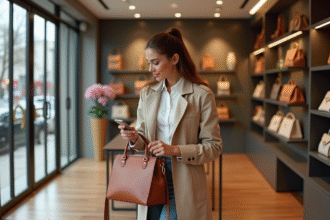 Femme élégante compare deux sacs à main dans une boutique chic