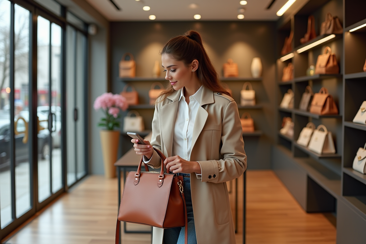 Femme élégante compare deux sacs à main dans une boutique chic