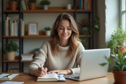 Femme assise à son bureau cosy en intérieur