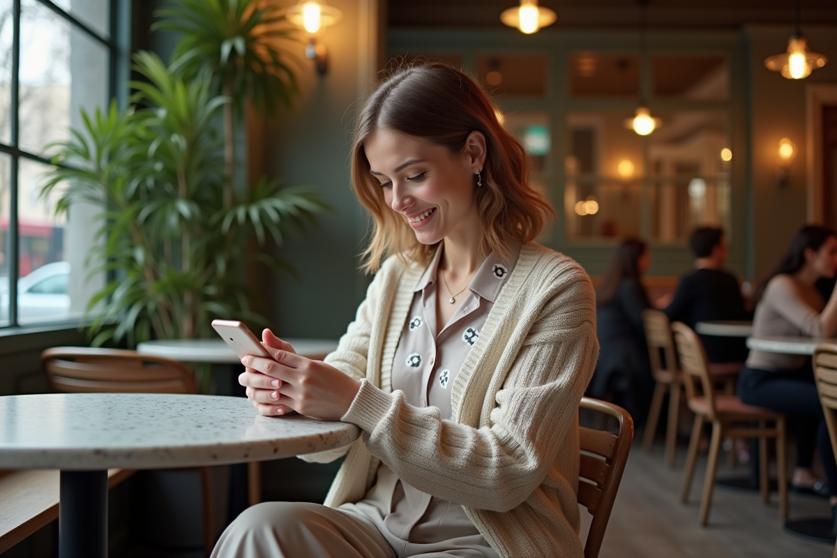 Femme assise dans un café parisien moderne