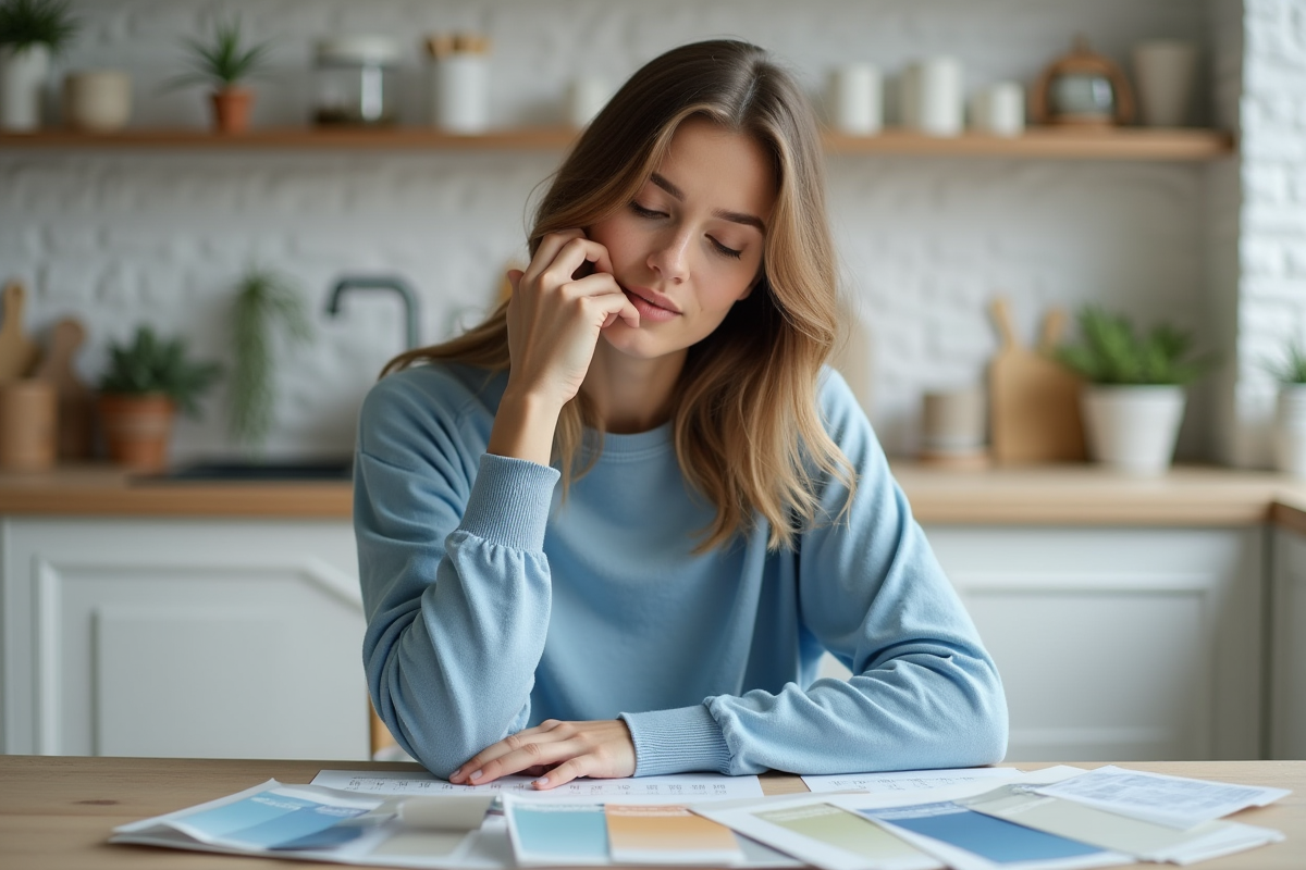 Femme réfléchissant à une couleur de peinture dans un appartement moderne