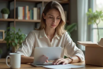Femme examinant une commande en ligne sur son ordinateur portable avec une expression préoccupée, illustrant les délais de livraison Nice Couture