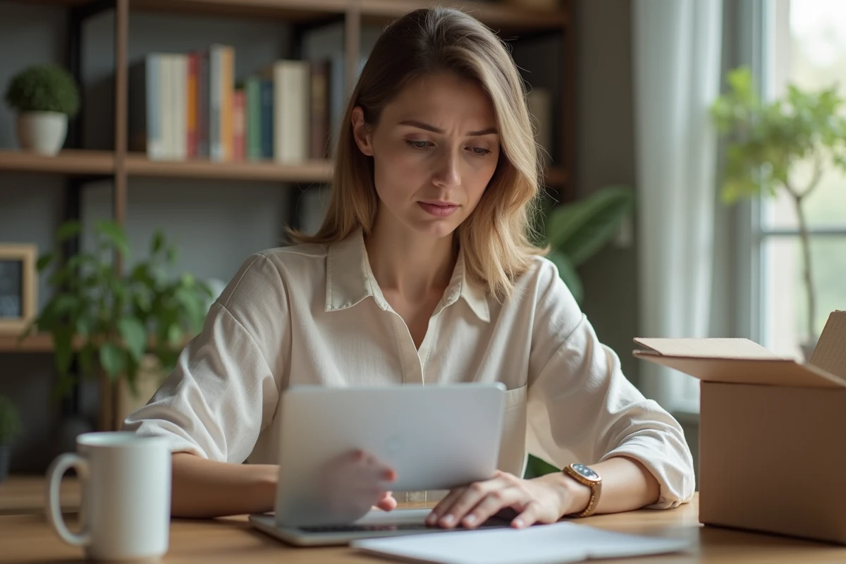 Femme examinant une commande en ligne sur son ordinateur portable avec une expression préoccupée, illustrant les délais de livraison Nice Couture