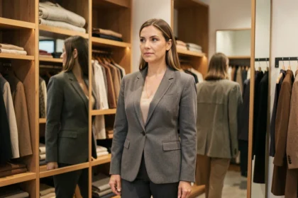 Femme confiante essayant une veste dans une boutique de mode, regard serein face au miroir, illustration du rapport positif à son corps et à la taille des vêtements