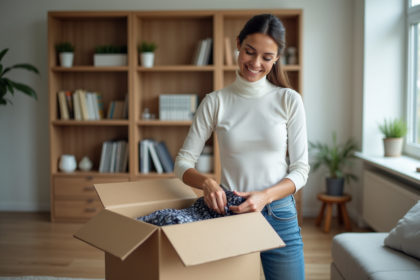 Femme souriante plie des vêtements pour donation dans un salon moderne