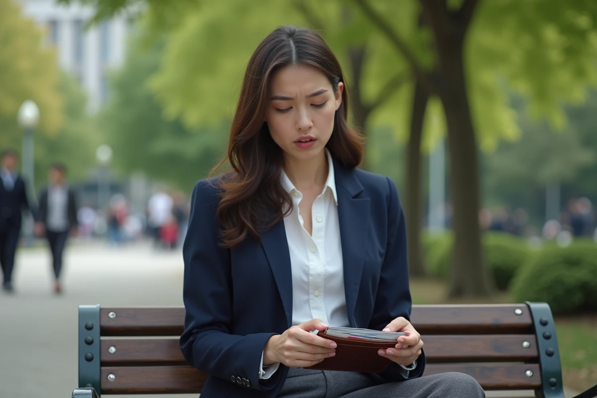 Femme en blazer regarde déçue ses cartes tombées sur son giron dans un parc