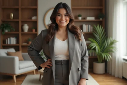 Femme confiante en blazer élégant dans un salon moderne