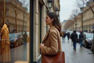 Femme élégante devant une boutique de luxe sur les Champs-Élysées à Paris en automne