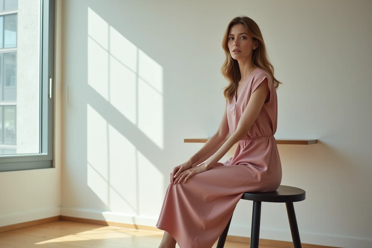 Femme élégante assise sur un tabouret en robe midi dans un espace moderne et épuré