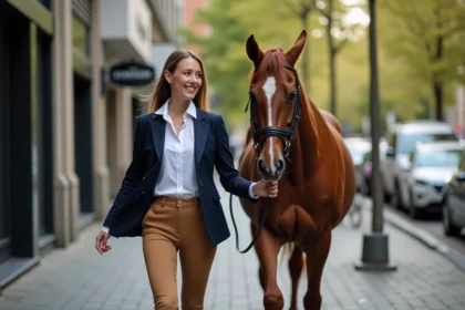 Femme élégante avec cheval en ville chic