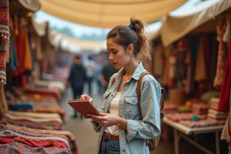 Une femme examine une étiquette de prix sur un article textile au braderu, marché en plein air animé avec des stands colorés