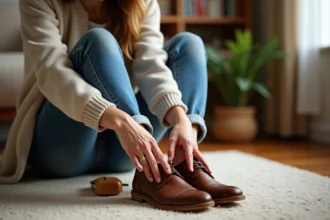 Femme étirant des chaussures en cuir dans un salon chaleureux