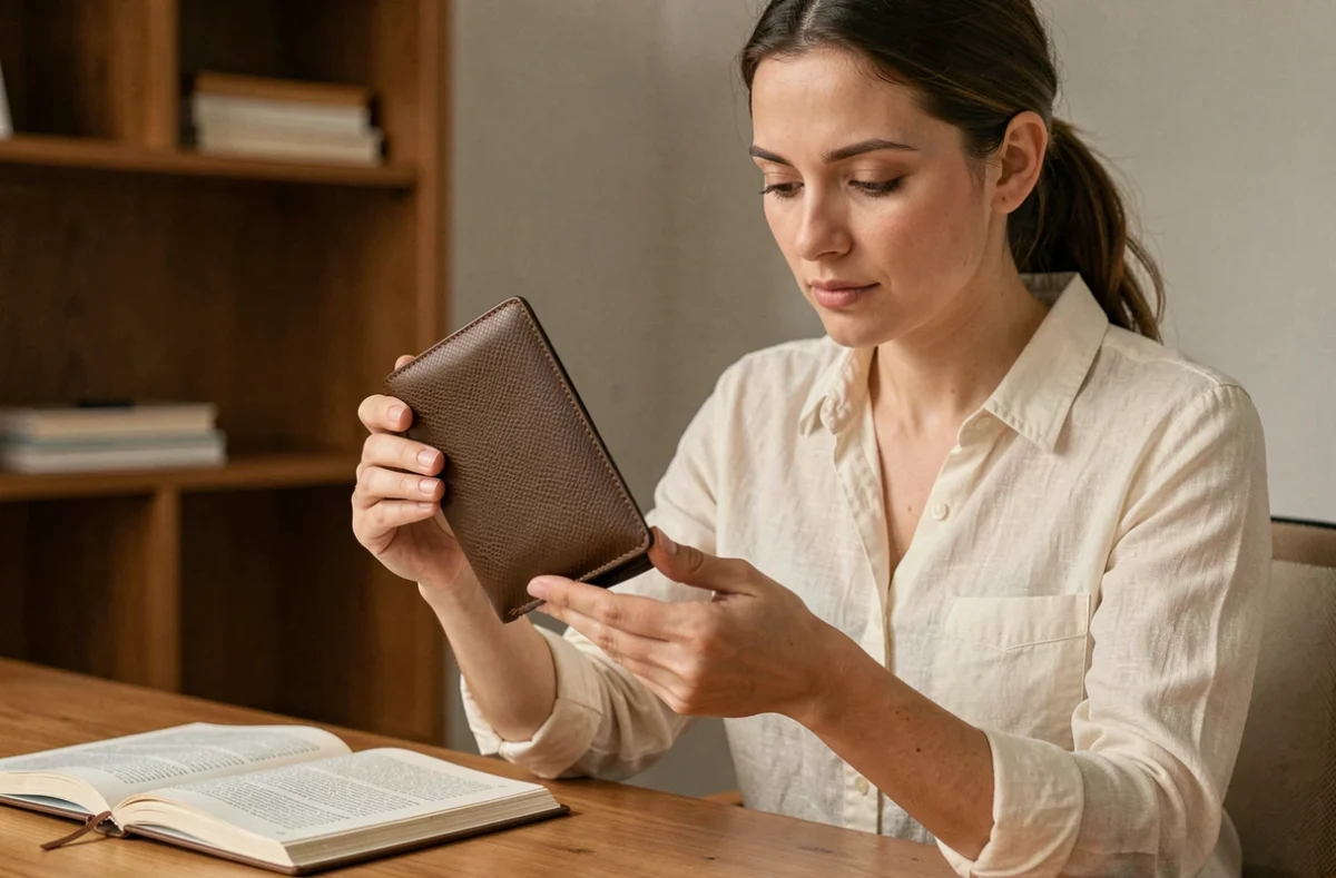 Femme examinant attentivement un portefeuille en cuir personnalisable avant de passer commande