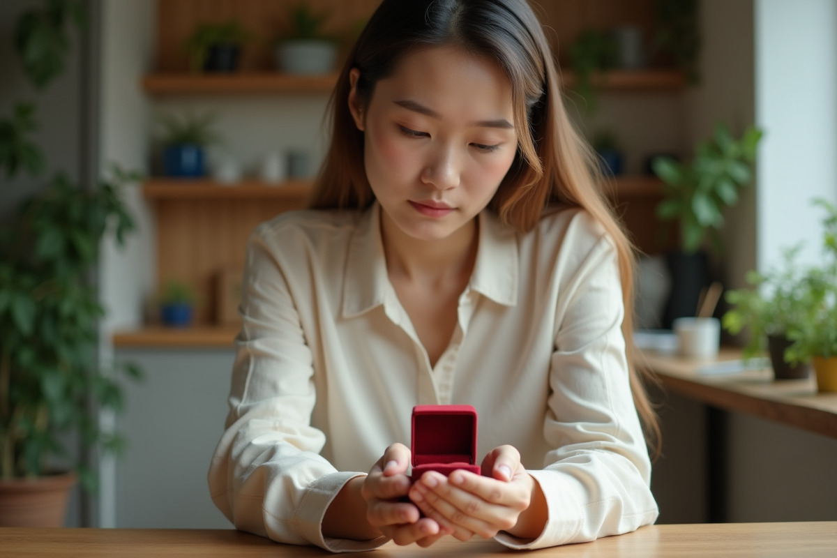 Femme regardant un coffret à bague dans ses mains dans un intérieur chaleureux