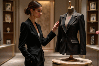 Femme élégante admire une veste haute couture dans une boutique luxueuse