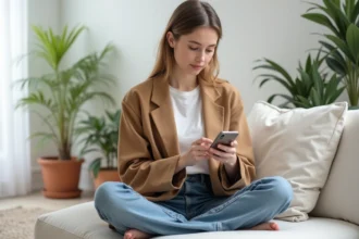 Jeune femme en blazer camel consultant Instagram sur son smartphone dans un appartement au style scandinave épuré pour s'inspirer de la mode