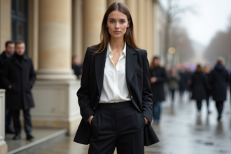 Femme élégante en blazer noir devant le Grand Palais