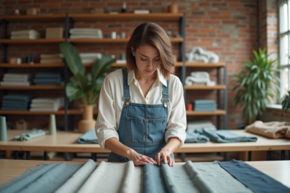 Femme à la mode inspectant des tissus durables dans un atelier textile