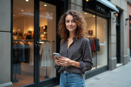 Femme élégante dans la rue urbaine avec magasin moderne