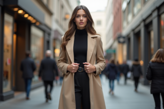 Femme en trench beige dans une rue urbaine dynamique
