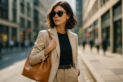 Femme élégante dans la ville avec sac en cuir beige