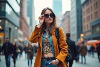 Femme en mode urbain avec accessoires audacieux