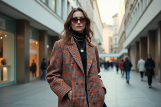 Femme stylée en vêtements dépareillés devant un centre commercial