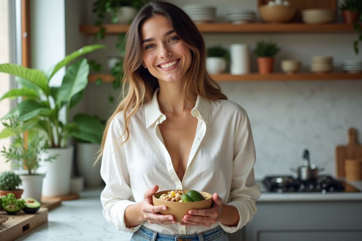 Femme souriante avec bol de noix et avocats en cuisine