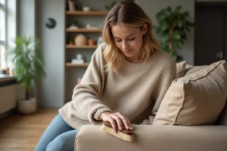 Femme nettoyant un canapé en suede beige avec une brosse