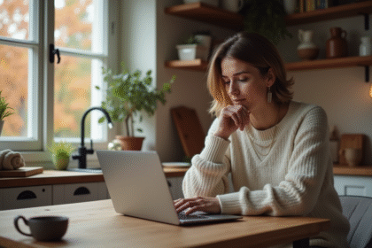 Femme réfléchissant devant son ordinateur pour Black Friday