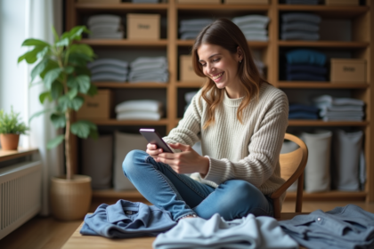 Femme souriante prenant en photo des vêtements à la maison
