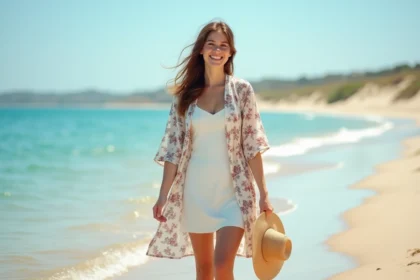 Jeune femme souriante sur la plage en robe légère