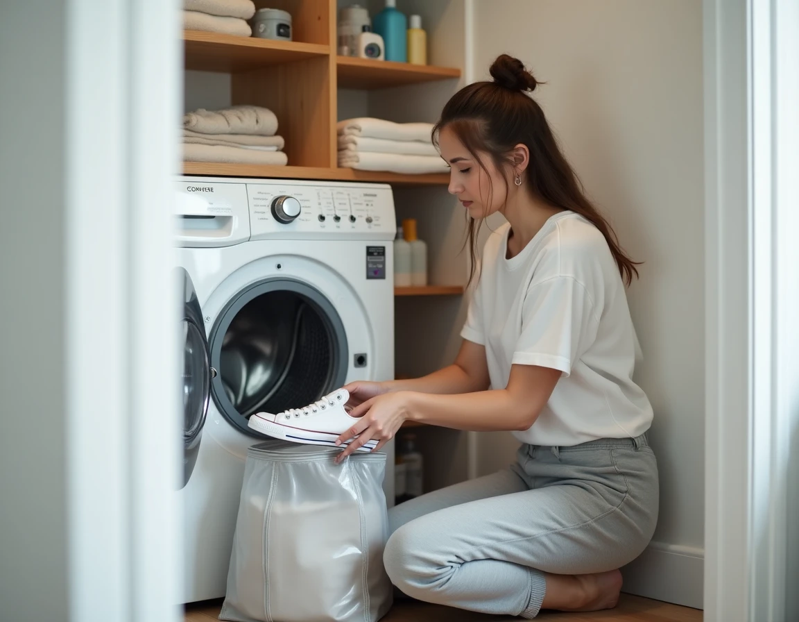 Femme préparant ses Converse pour le lavage en machine à laver à domicile