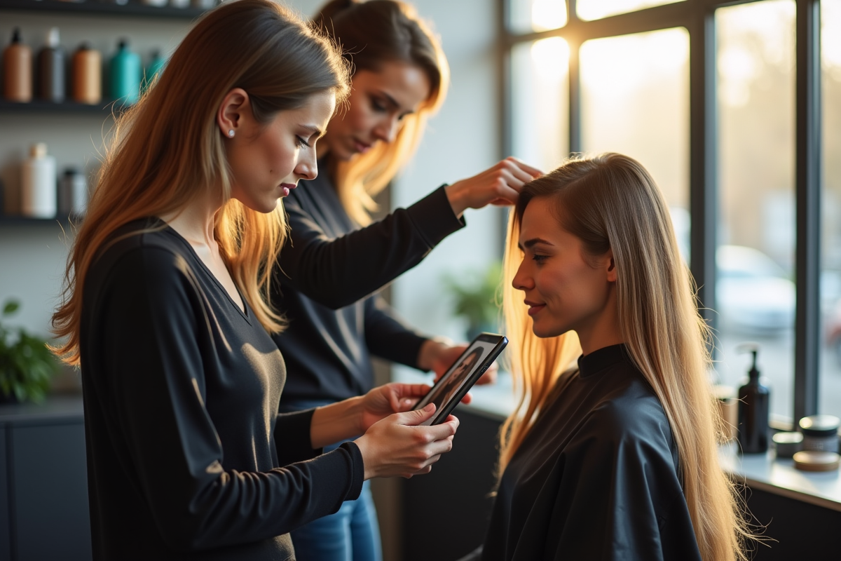 Femme montrant une photo de référence à son coiffeur avec une expression frustrée