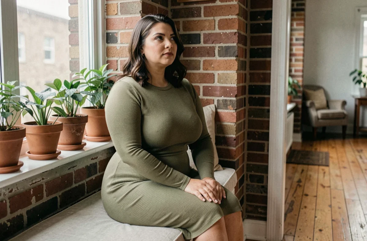 Femme aux courbes généreuses en robe moulante verte assise près d'une fenêtre, ambiance cosy et introspective à la maison