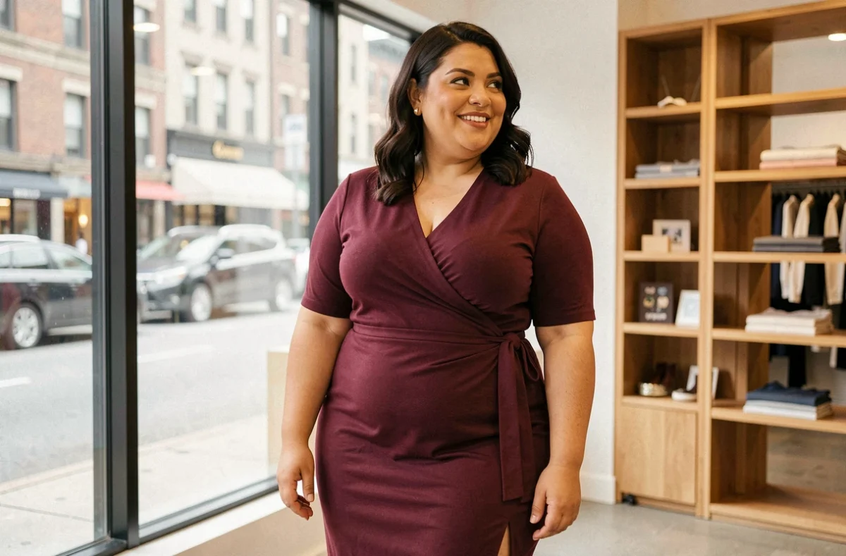 Femme ronde souriante portant une robe moulante bordeaux dans une boutique de mode, posture confiante et détendue