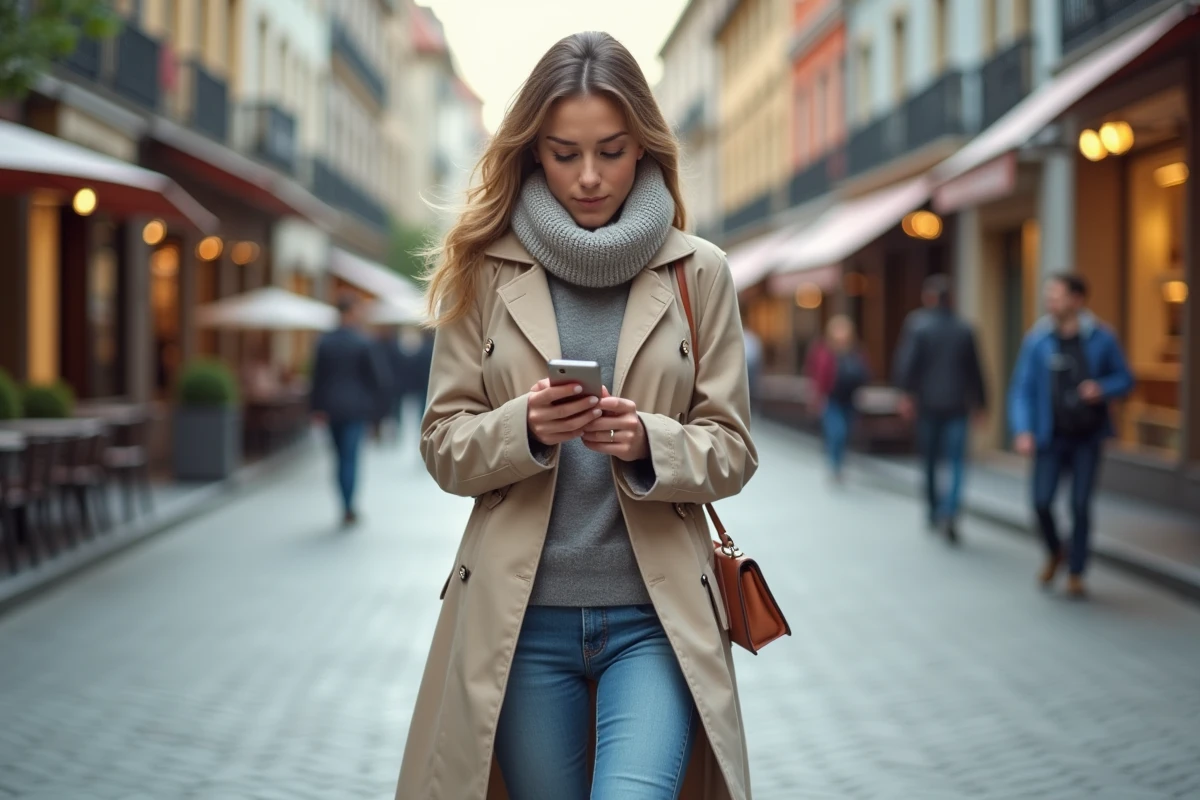 Jeune femme marche dans une place urbaine animée