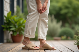 Femme en sandales confortables sur terrasse en plein air