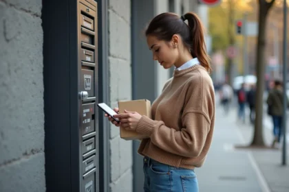 Femme scannant un colis devant un casier de livraison urbain