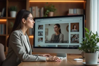 Femme consultant un site web personnel exclusif sur ordinateur dans un bureau moderne