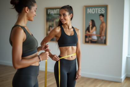 Jeune femme sportive en studio avec un professionnel mesurant sa taille