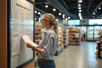 Femme lisant une affiche légale dans un supermarché moderne