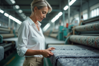 Femme inspectant des tissus dans une usine textile moderne