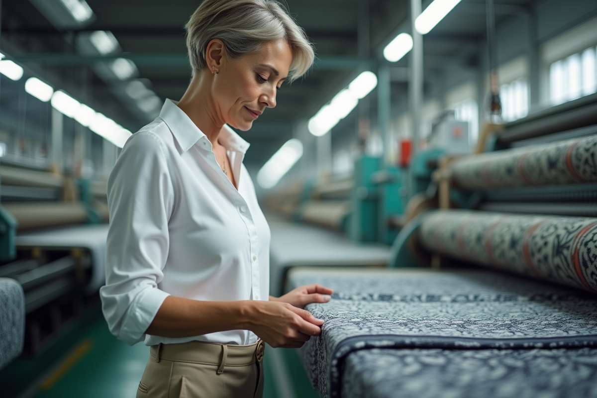 Femme inspectant des tissus dans une usine textile moderne