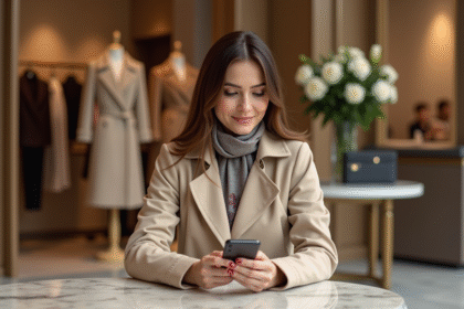 Femme élégante en trench beige dans une boutique de luxe