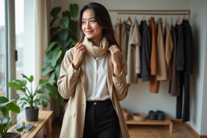 Femme élégante en trench beige dans un appartement moderne