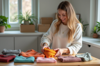 Femme souriante triant des vêtements colorés pour vente en ligne